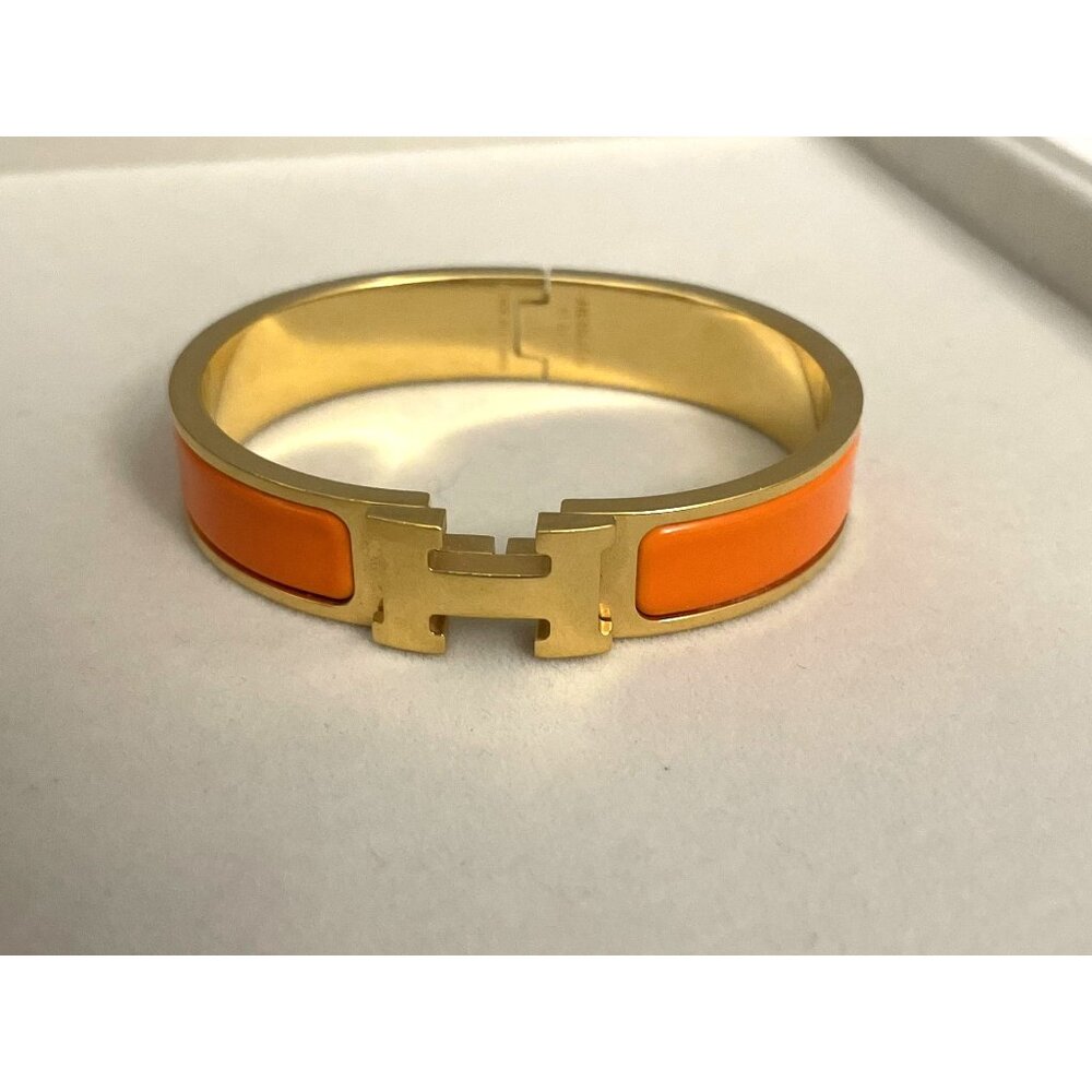 Hermès Clic H Enamel Bracelet Orange & Gold Plated Womens - Picture 2 of 6